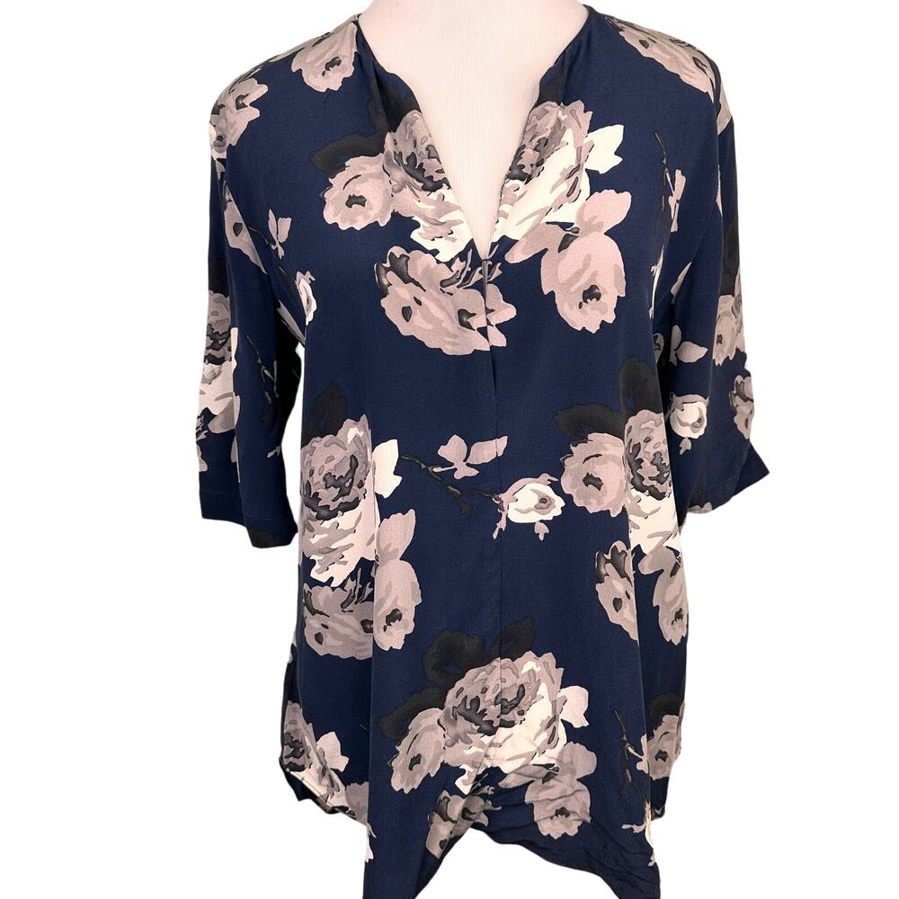 Theory 100% Silk Floral V-Neck Blouse Size P